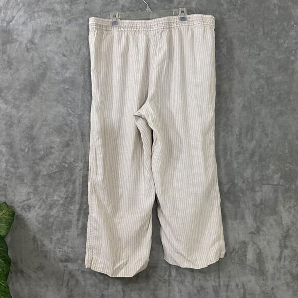 LL Bean Pants Women's  18W 100% Linen Pull On Drawstring Striped wide leg beige - Picture 3 of 15